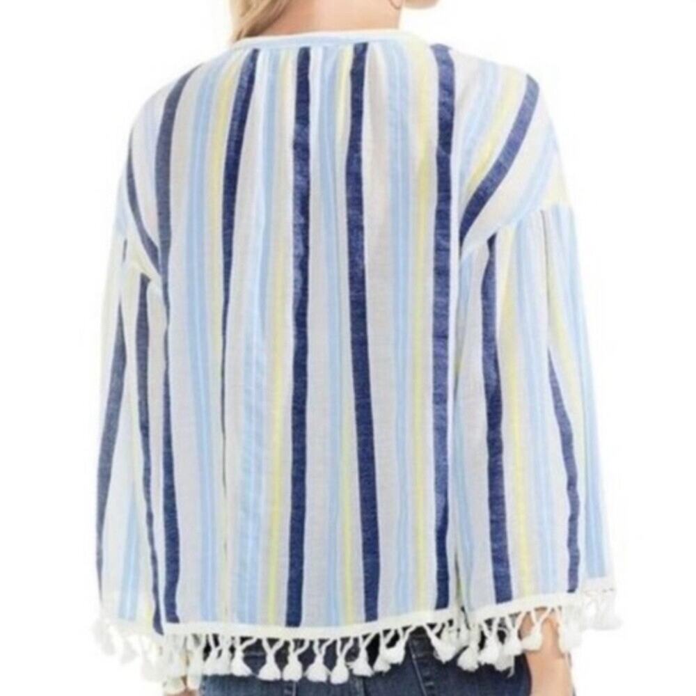 Vince Camuto Striped Tunic Top Sz L White Blue Pom Pom Hem Beach Surfer Coastal - Picture 2 of 11